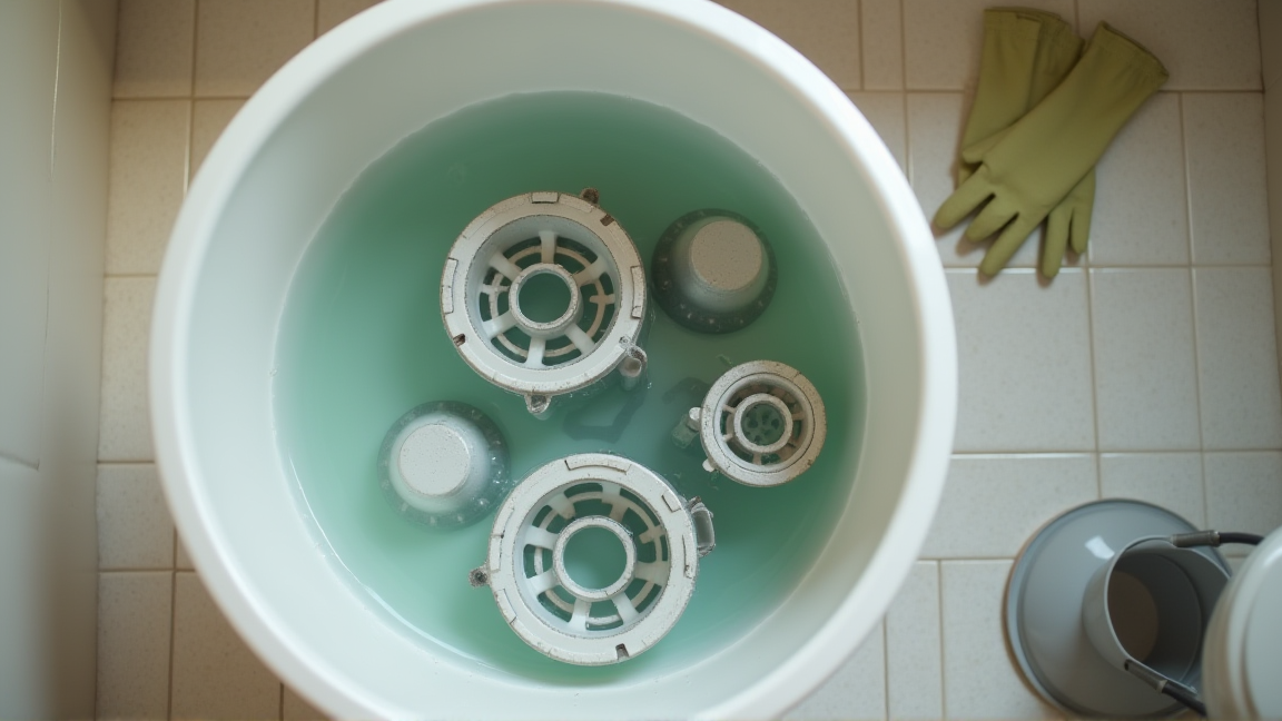 排水トラップのパーツをバケツでつけ置き洗いしている様子