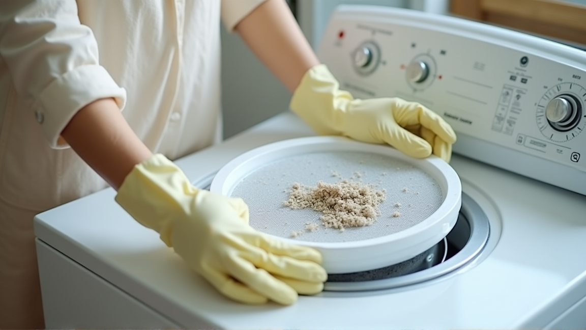 洗濯機の糸くずフィルターを掃除している手元