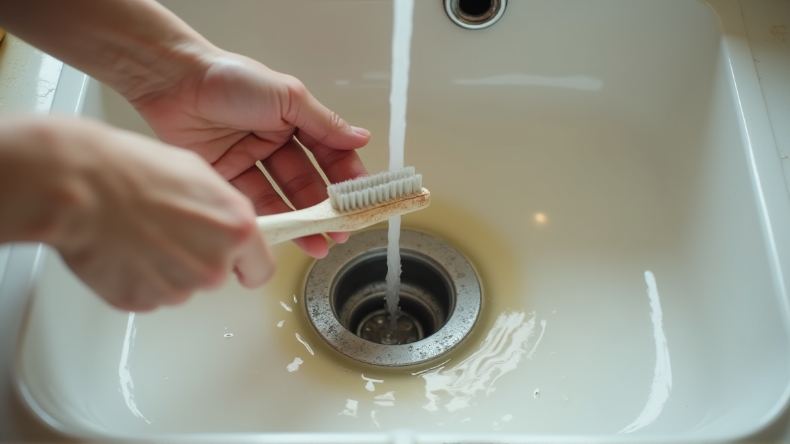 排水口の目皿を歯ブラシでこすっている手元
