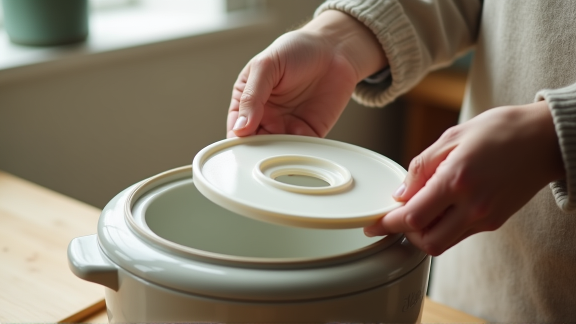 炊飯器の内蓋を取り外して汚れを確認している手元