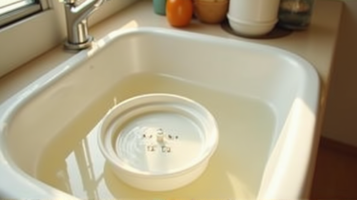 キッチンのシンクで重曹水に炊飯器の内蓋をつけ置きしている様子