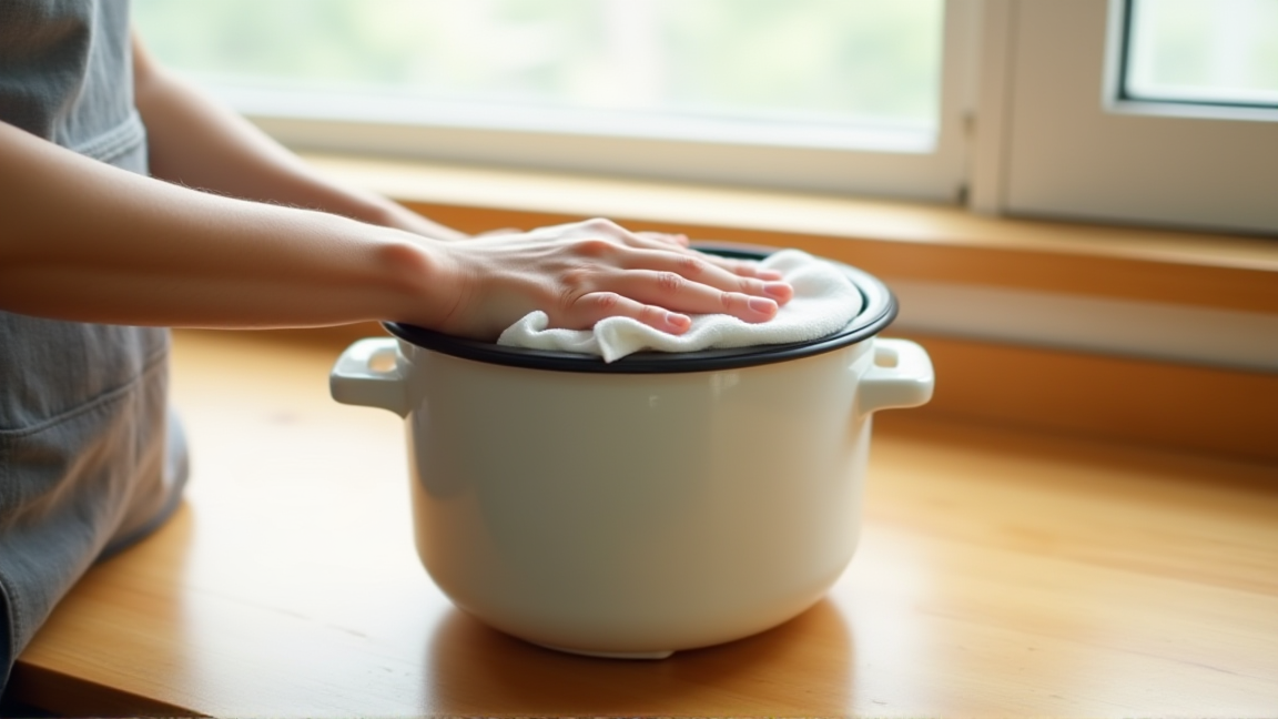 炊飯後にふきんで内蓋を拭いているキッチンの手元