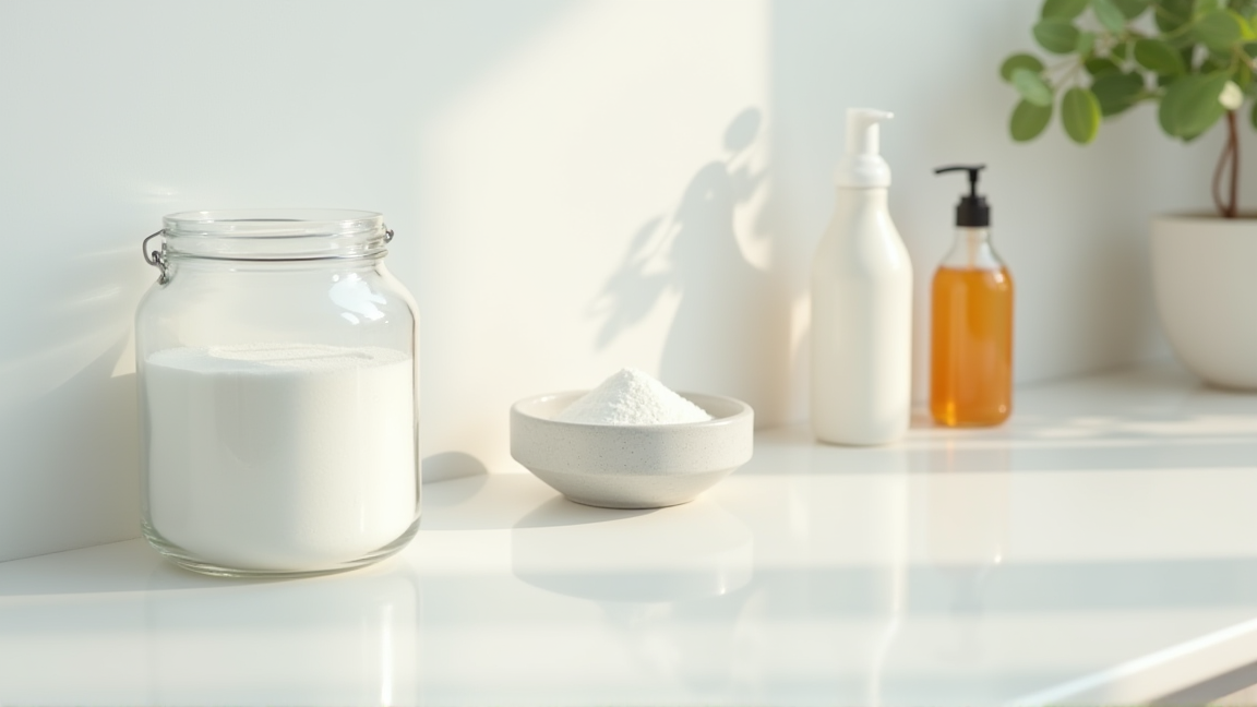 キッチンカウンターに並んだ重曹・クエン酸・食器用洗剤のボトル