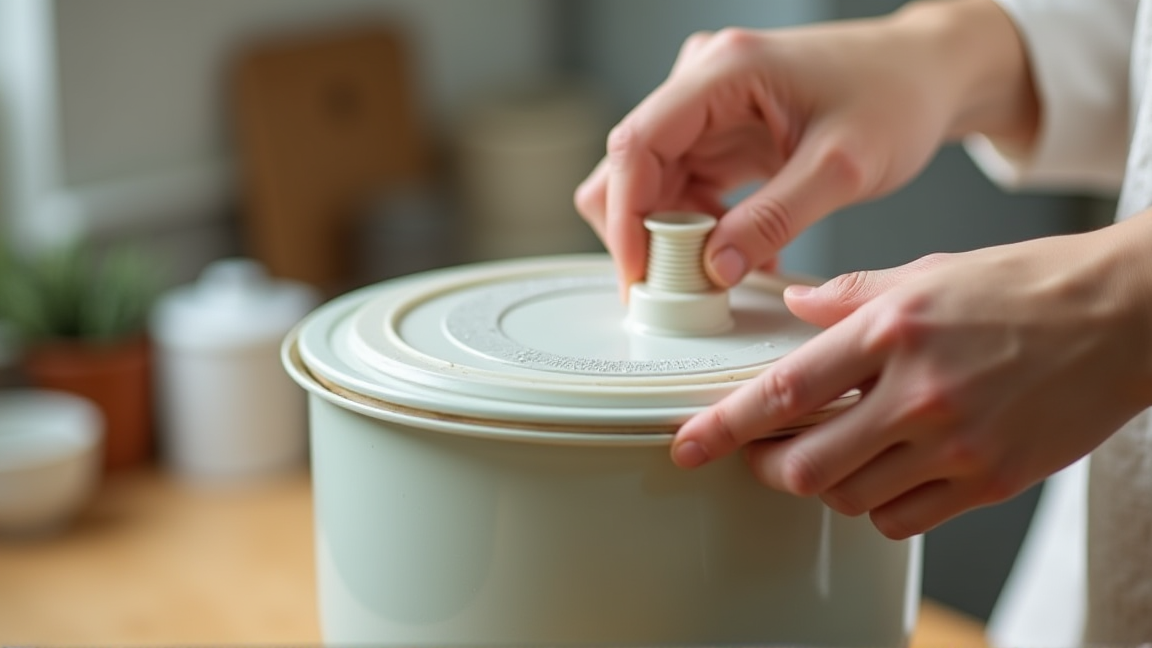 炊飯器の内蓋を取り外して汚れを確認している手元