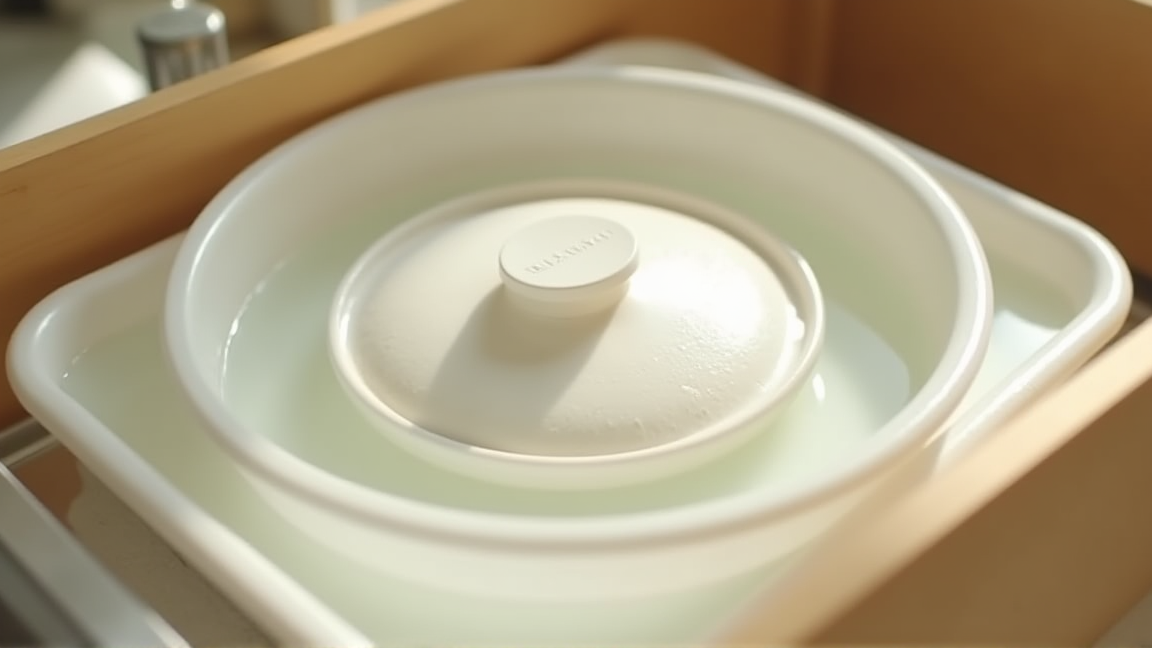 キッチンのシンクで重曹水に炊飯器の内蓋をつけ置きしている様子