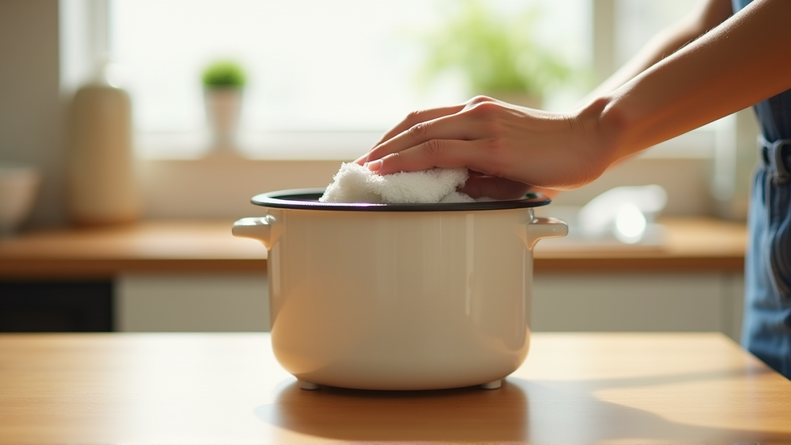 炊飯後にふきんで内蓋を拭いているキッチンの手元