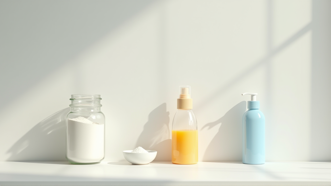 キッチンカウンターに並んだ重曹・クエン酸・食器用洗剤のボトル