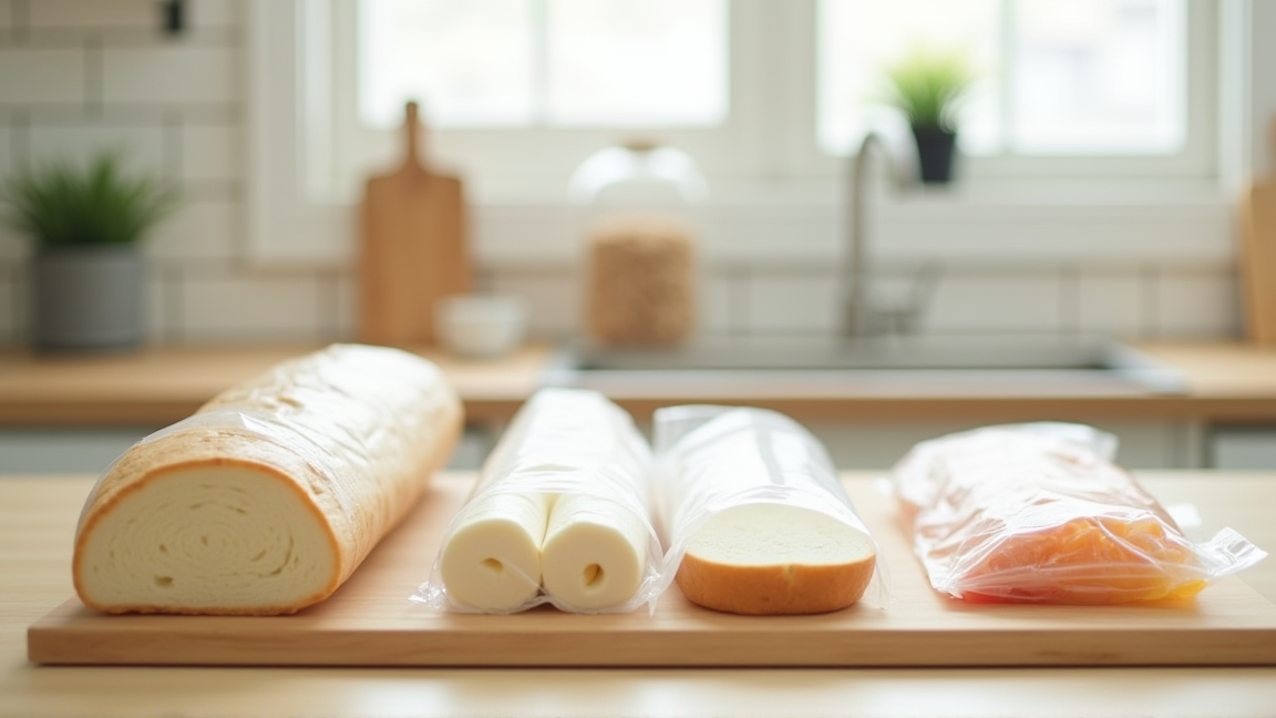 キッチンカウンターに並んだ食パンとラップ・保存袋
