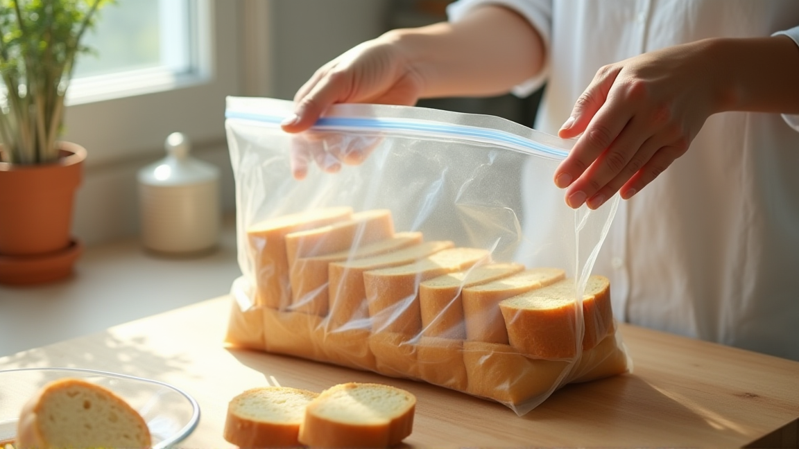 ラップで包まれた食パンをフリーザーバッグに入れる手元