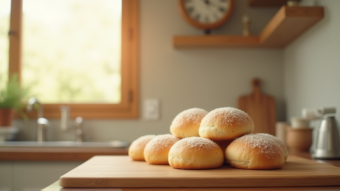 キッチンでパンを解凍している様子と時計