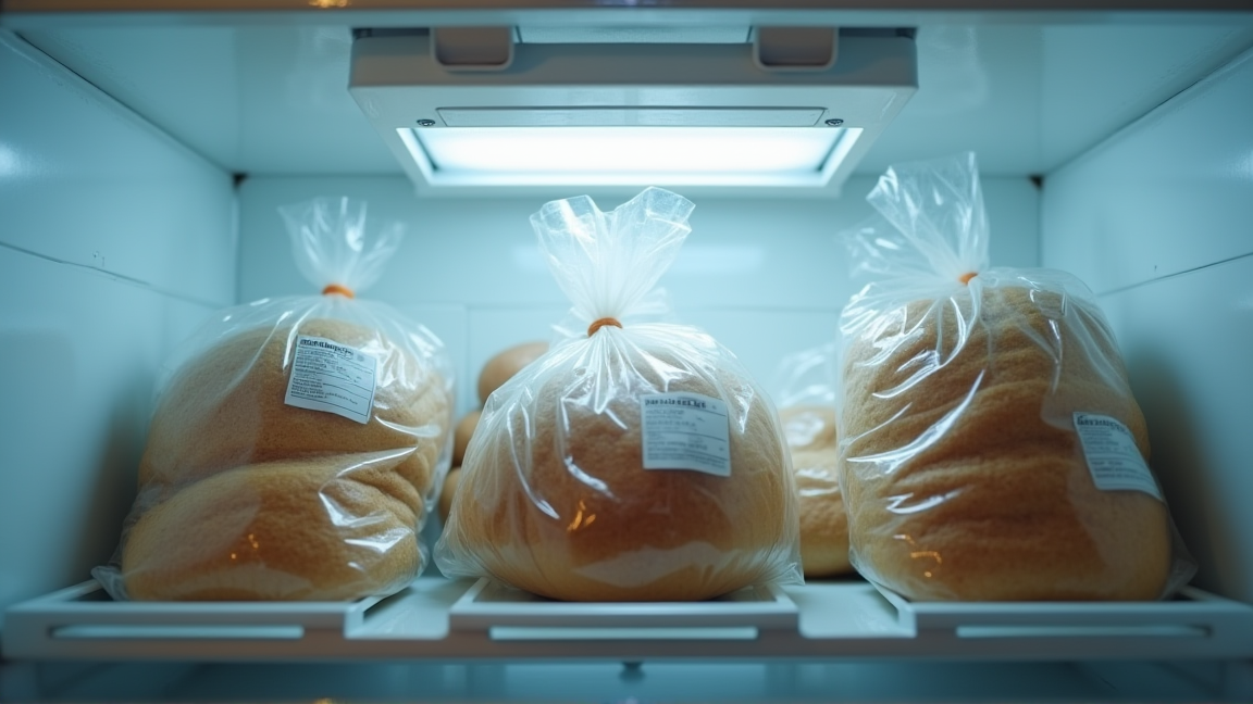 冷凍庫に整理されたパンの保存袋