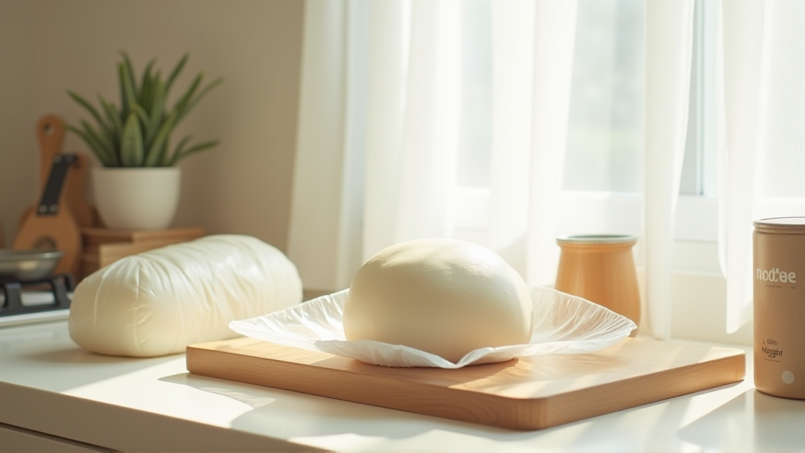 キッチンのカウンターに並んだ食パンとラップ・保存袋