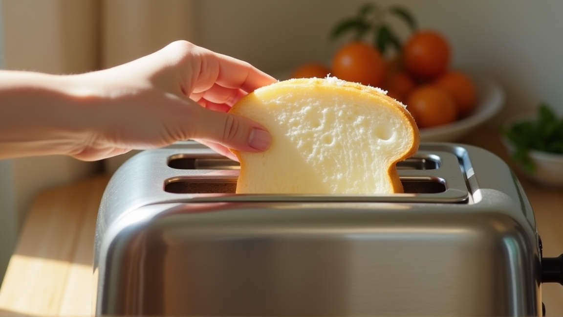 トースターに冷凍食パンを入れる手元のアップ