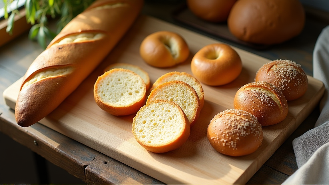 種類の異なるパンがカッティングボードに並んでいる様子