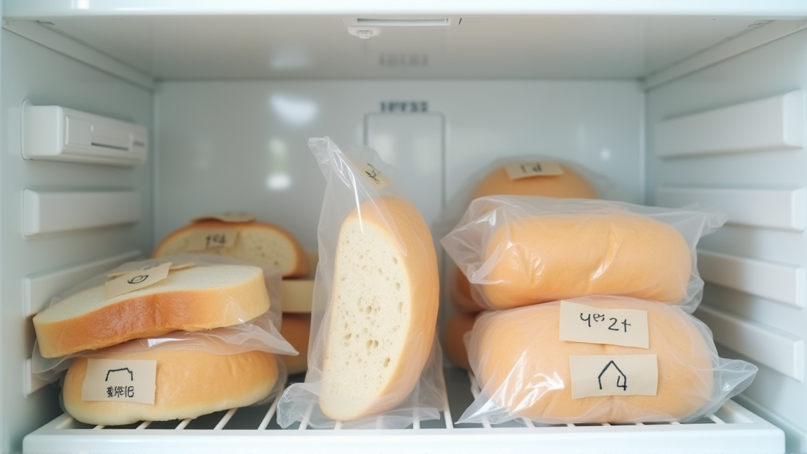 冷凍庫の中に整理されたパンのフリーザーバッグ