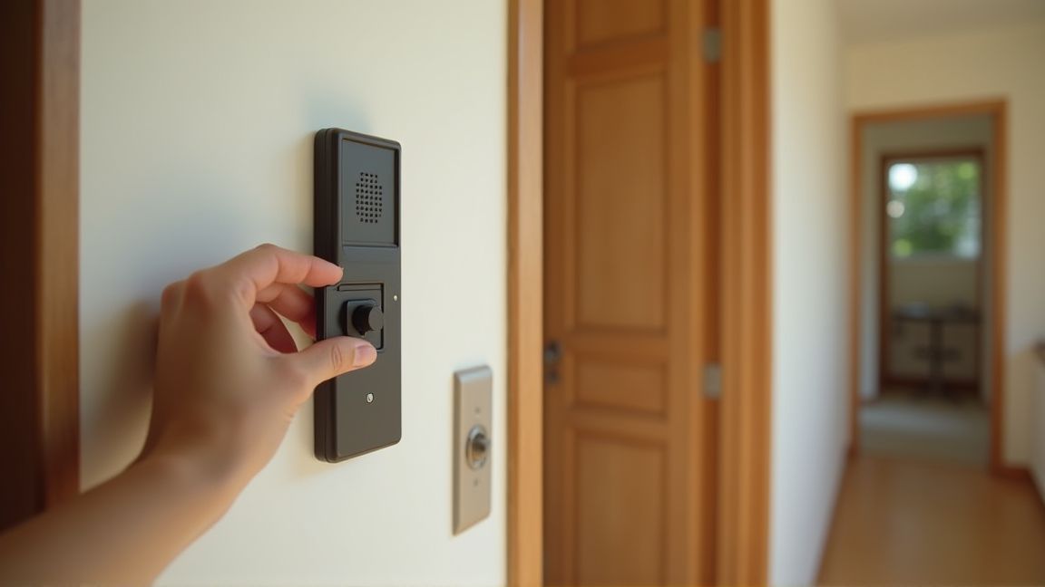 インターホンの裏蓋を開けて電池を確認している手元