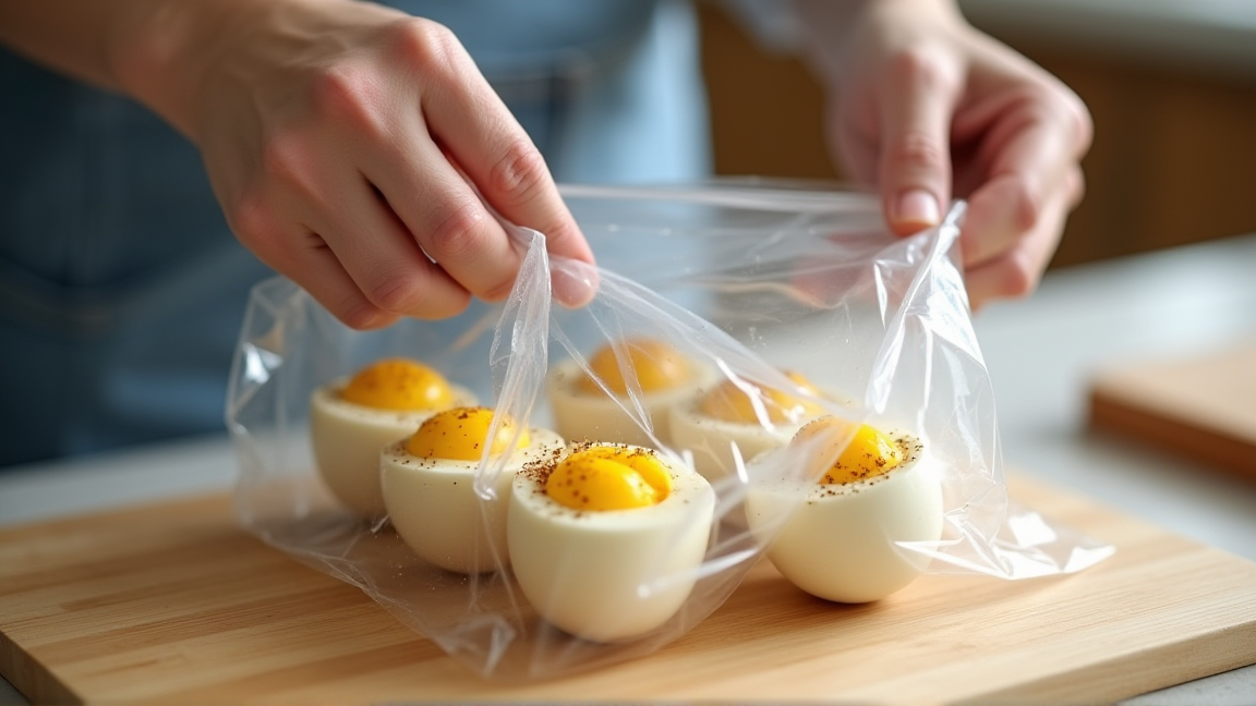 ラップで個別に包まれた味付け卵を冷凍バッグに入れる様子