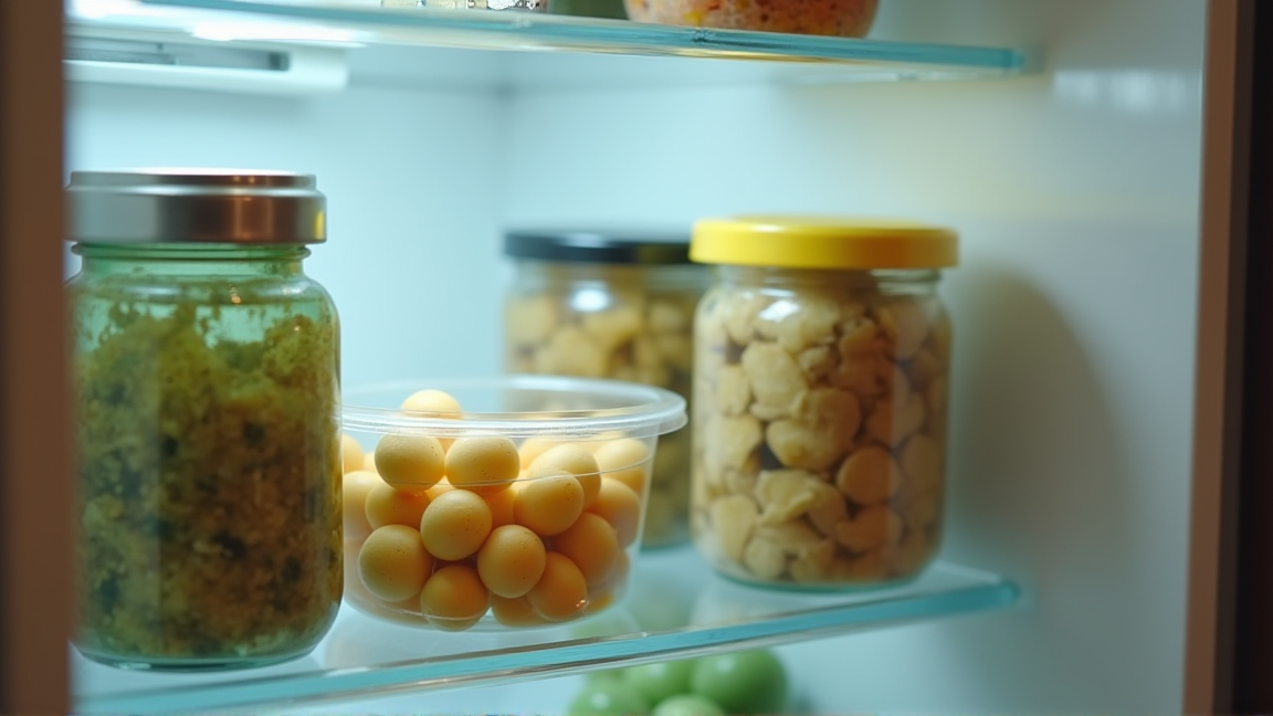 冷蔵庫内で清潔に保存されている味付け卵の容器