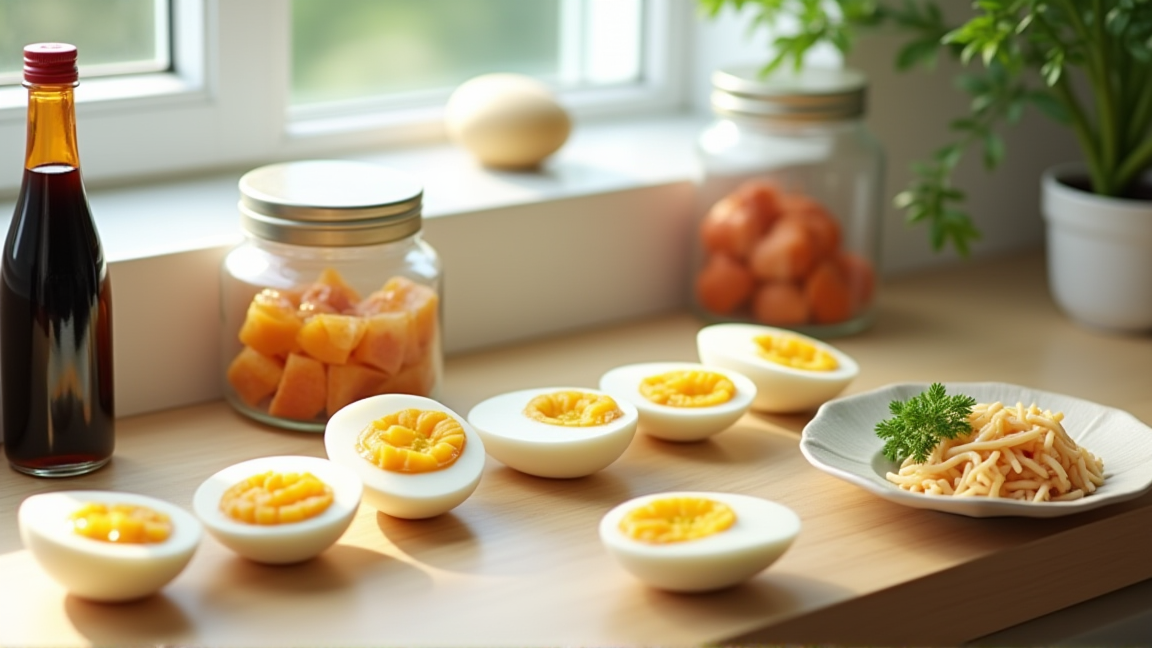 キッチンカウンターに並ぶ味付け卵と保存容器