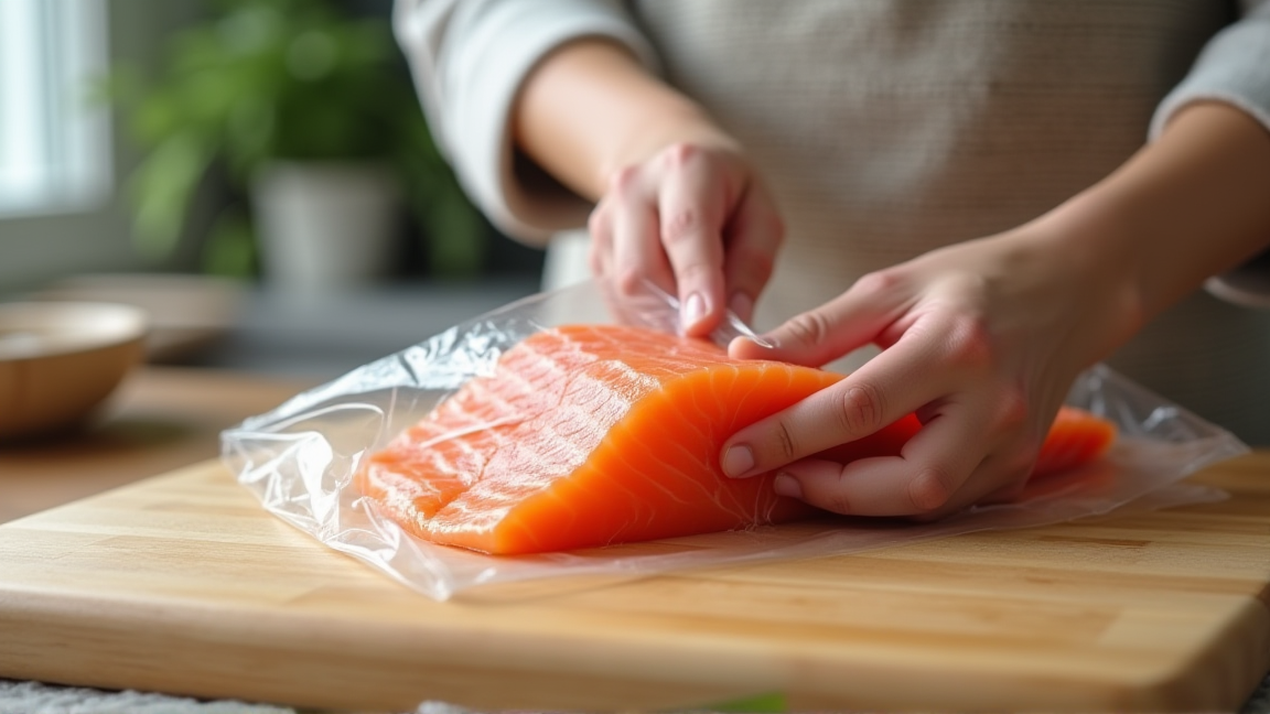キッチンでサーモンの柵をラップで包む手元