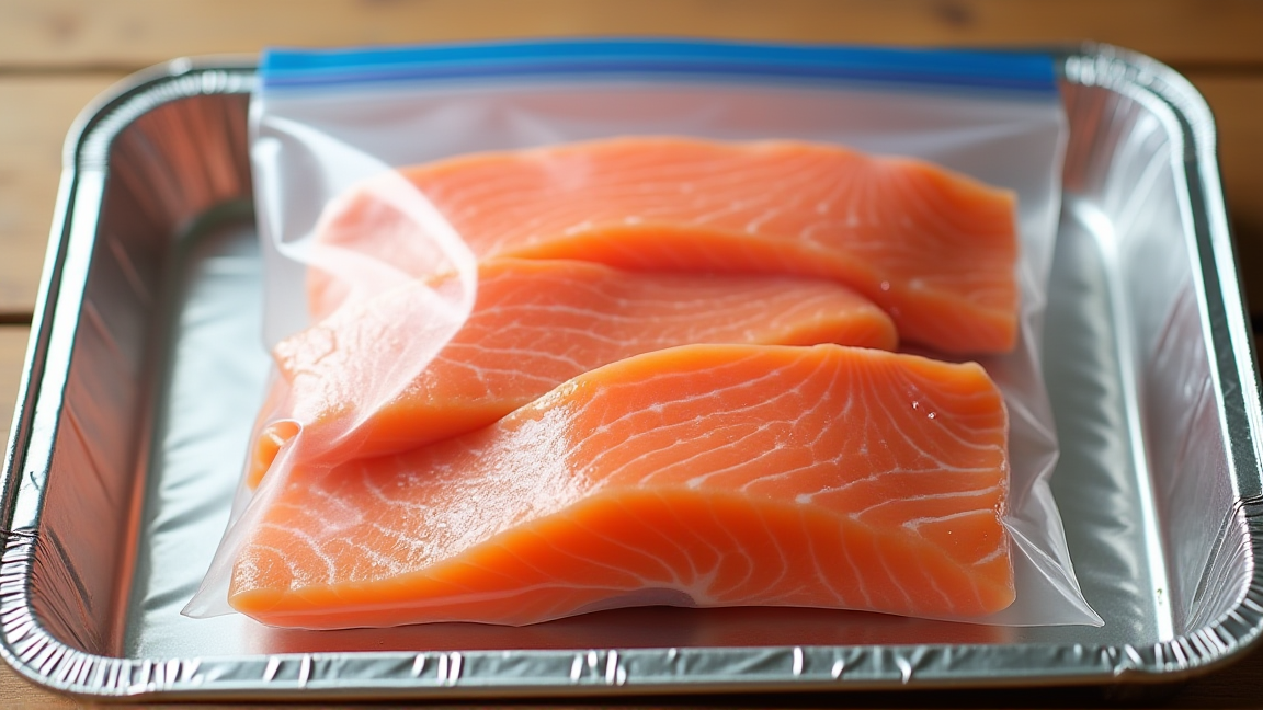 ジッパー付き保存袋に入ったサーモンと金属トレー