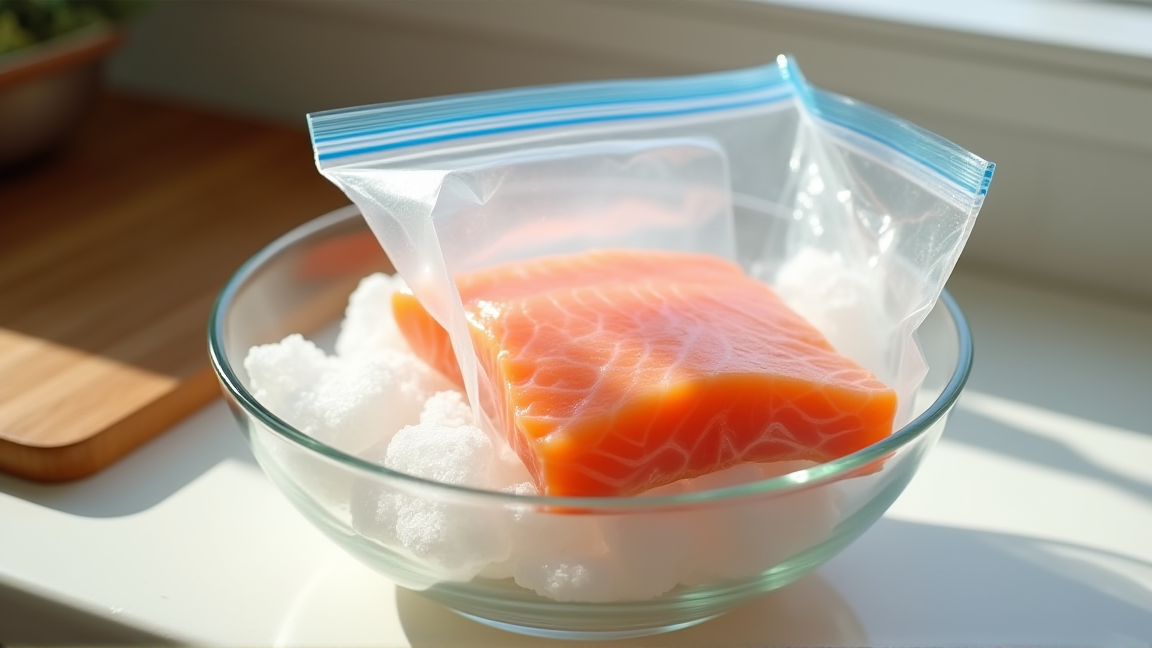 ボウルの氷水に袋入りサーモンを浸して解凍する様子