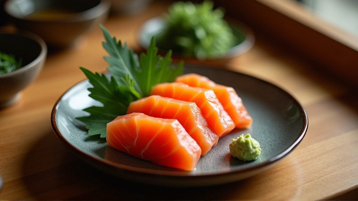 お皿に盛り付けられたサーモンの刺身とわさび