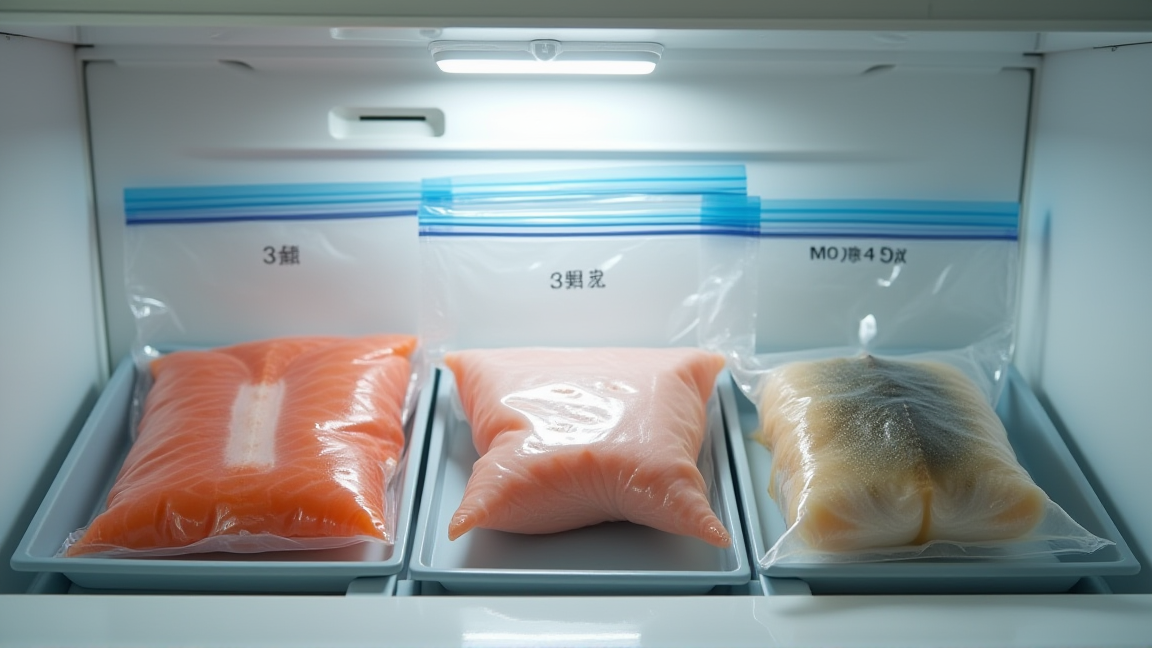 冷凍庫の中に整理して保存された食材