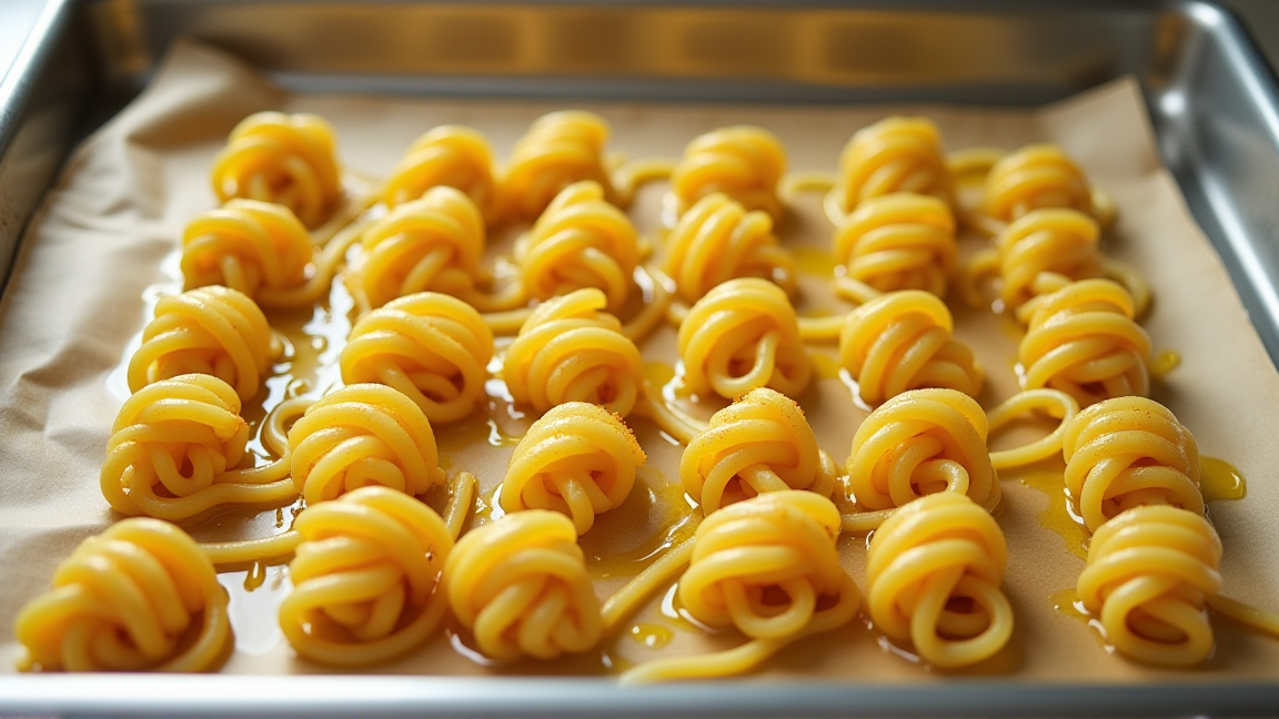 お弁当用に一口サイズにまとめたパスタをバットに並べている様子