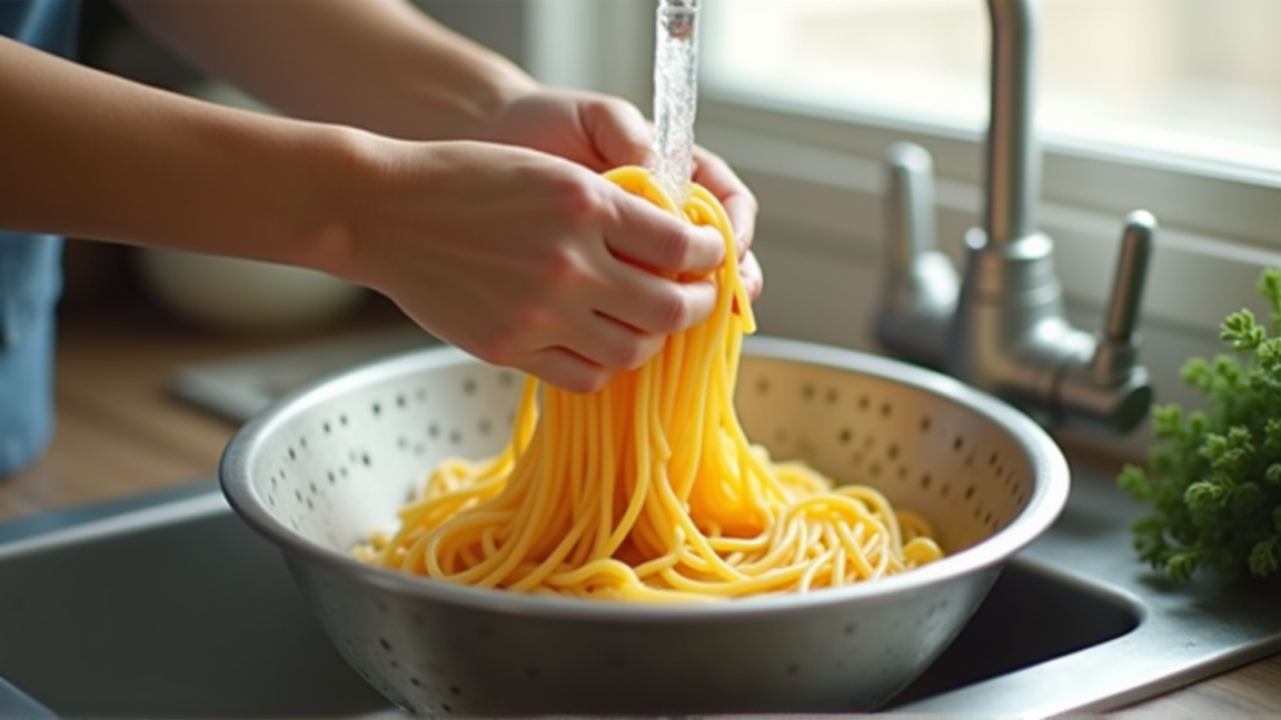 冷水でパスタを洗っている手元のアップ