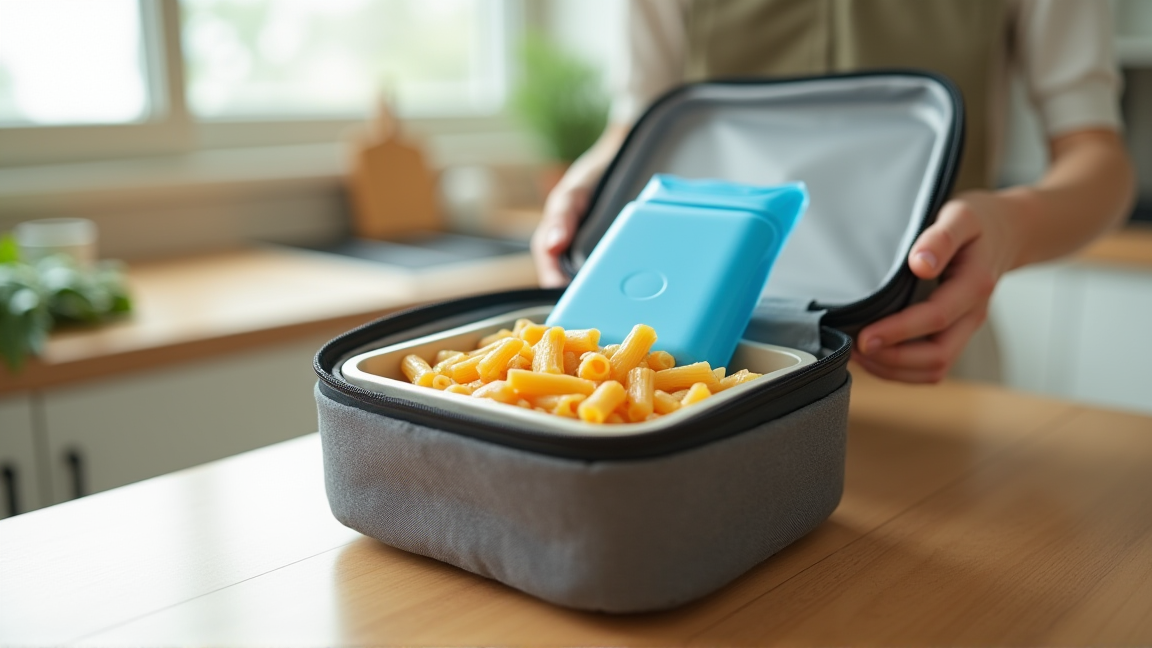 保冷バッグに入ったパスタ弁当と保冷剤