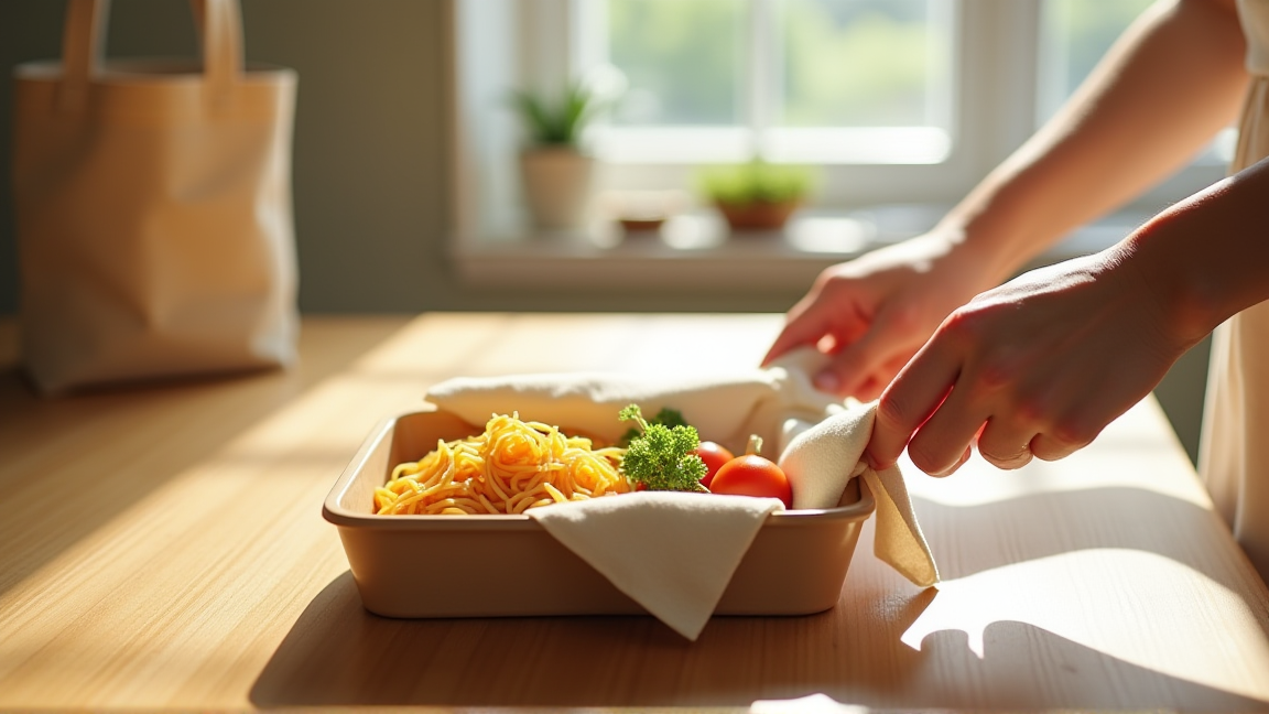 完成したパスタ弁当を包んでカバンに入れる手元