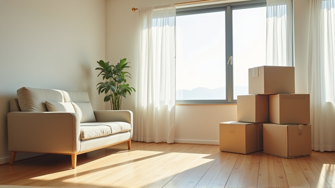 引っ越し前の部屋に置かれた大型家具と段ボール