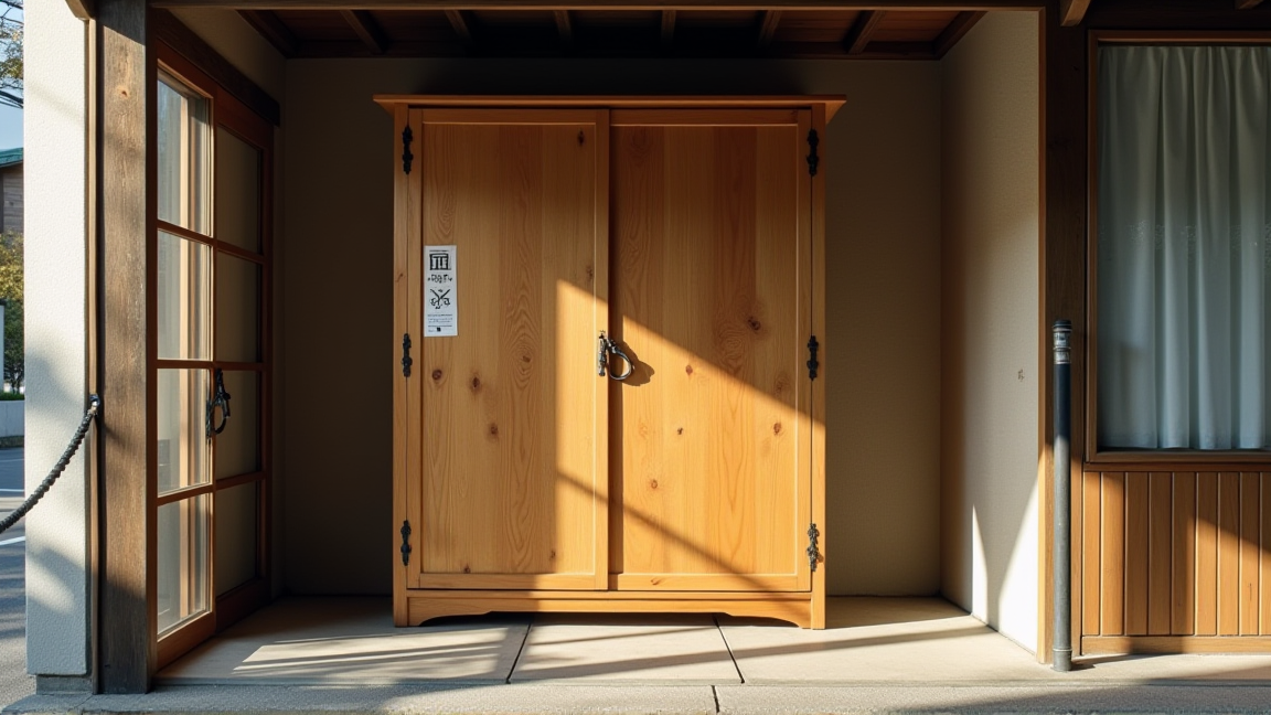 粗大ゴミ処理券が貼られた古いタンスが玄関先に置かれている様子