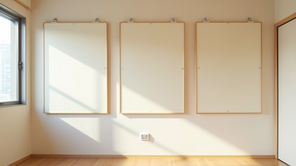 突っ張り棒で防音パネルを壁に固定している賃貸マンションの部屋