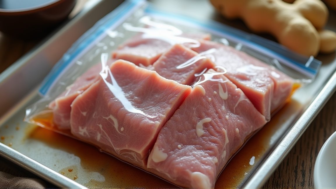 ジッパー付き保存袋に下味をつけた豚こま肉を入れて金属トレーに載せ冷凍準備する様子