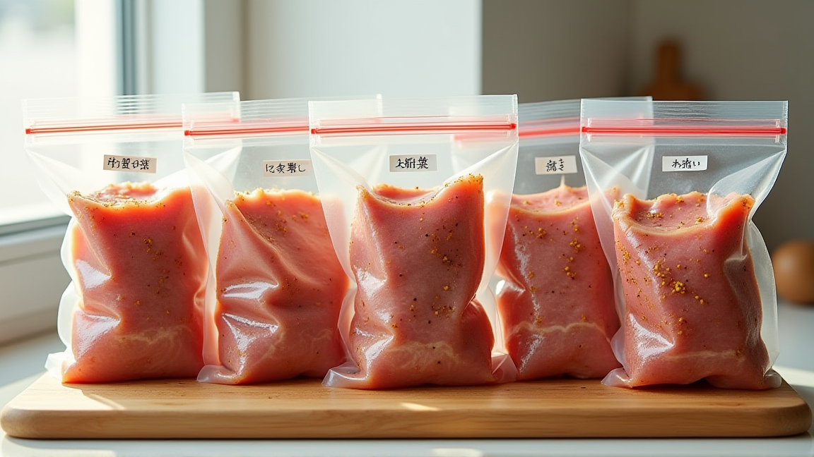 5種類の下味をつけた豚こま肉が保存袋に入って並んでいる様子