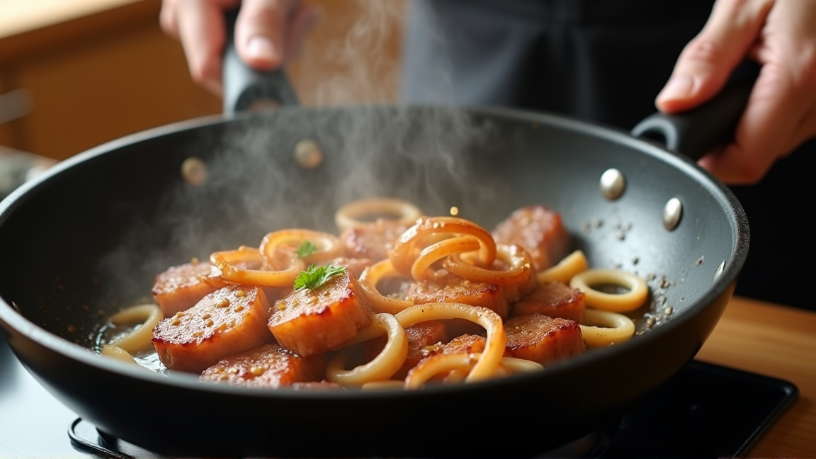 フライパンで生姜焼き風の豚こまと玉ねぎを炒めている調理中の手元