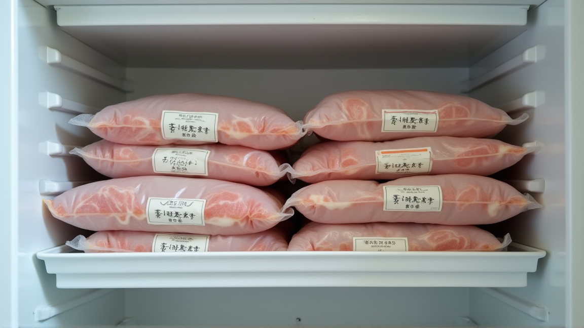 冷凍庫の中に整理されたジッパー付き保存袋が並んでいる様子