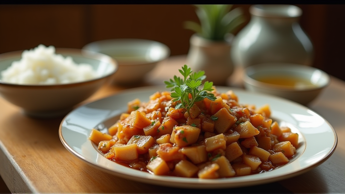 完成した生姜焼き風豚こまの盛り付けと白ご飯・味噌汁が添えられた食卓