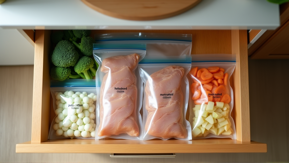 下味冷凍したジッパー袋が並ぶ冷凍庫の中