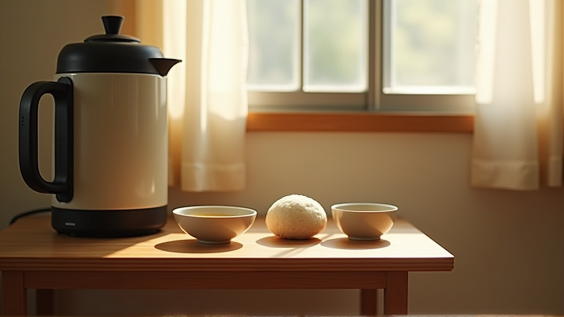 電気圧力鍋とコンビニおにぎりが並ぶワンルームのテーブル