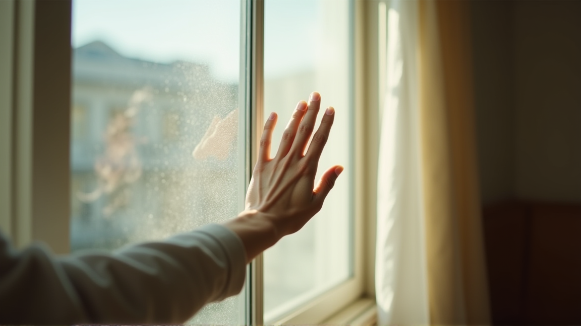 網戸の目に積もったホコリを確認する手元のアップ