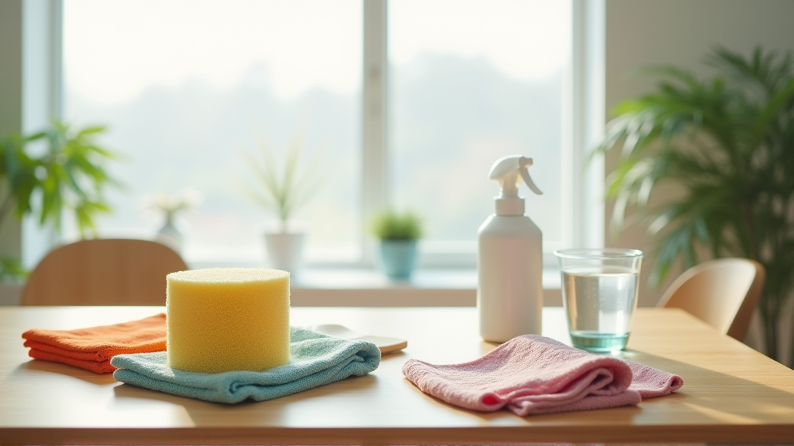 マイクロファイバークロスとメラミンスポンジ、重曹スプレーを並べた作業台