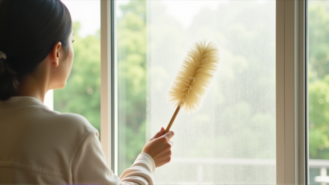 リビングの大きな窓の網戸をハンディモップで上から下へ掃除する様子