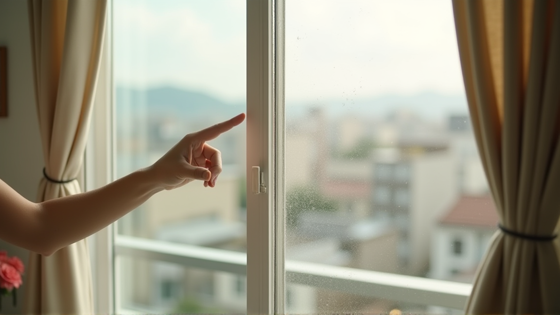 ベランダで網戸の端を指差して確認する手元