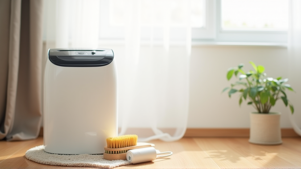 リビングに置かれた除湿機とそばに並ぶ掃除道具