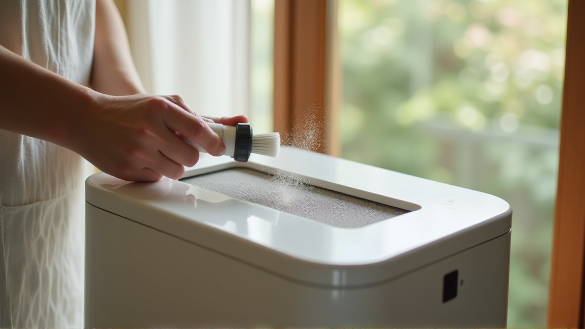 取り外したフィルターを掃除機で吸っている手元