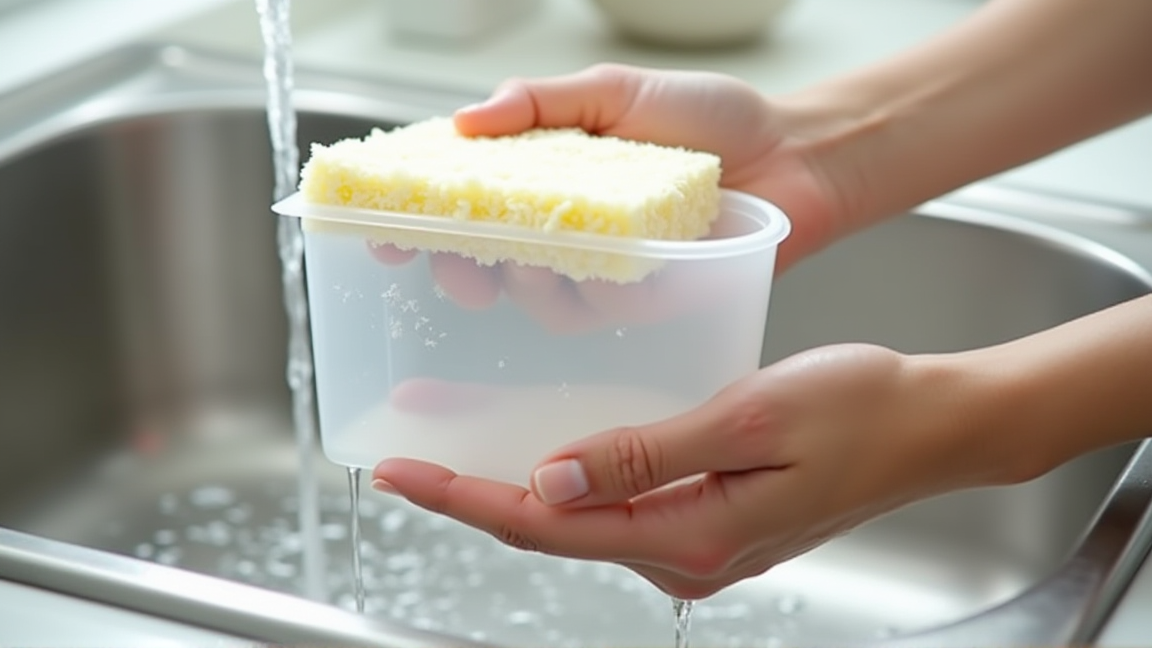 シンクで除湿機の水タンクをスポンジで洗う様子