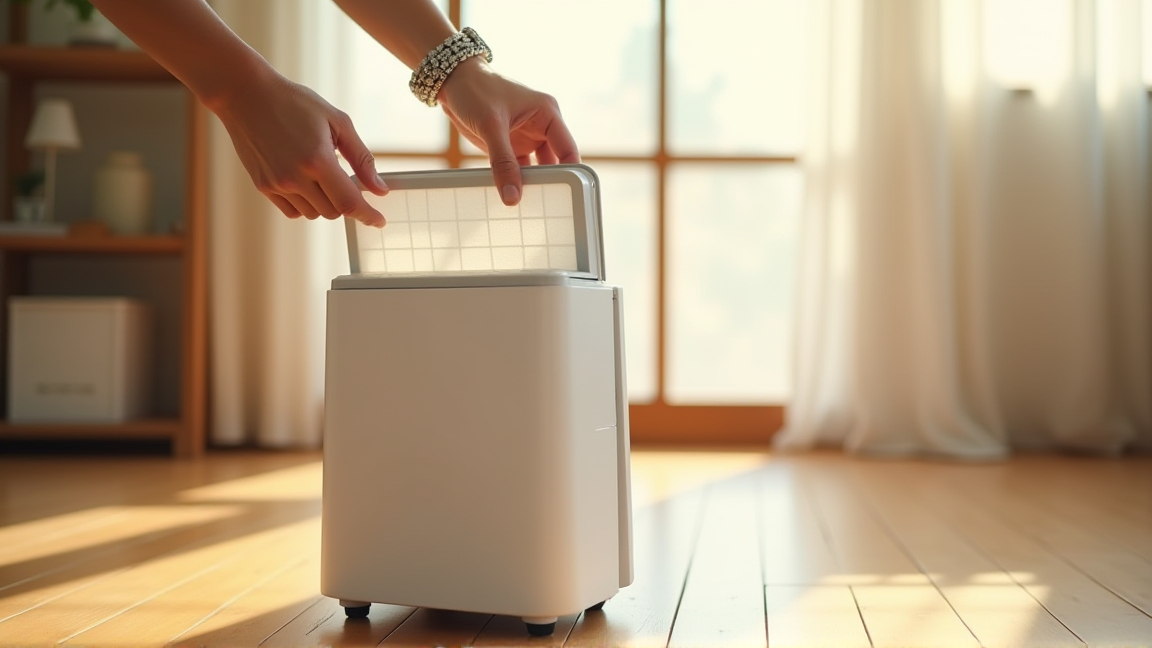 清潔になった除湿機の前でフィルターを戻す手元